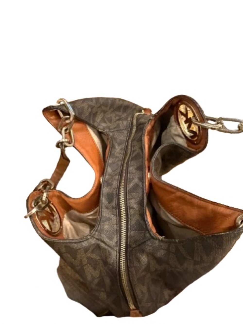 Michael Kors Brown MK Logo Hobo Bag with Lots of Pockets Needs zipper pull - Picture 7 of 15